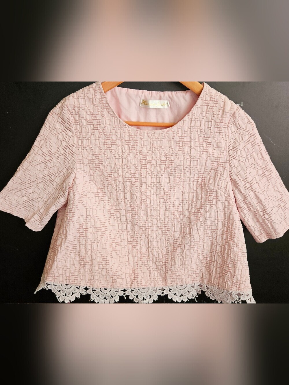 Hui Xin Fu Shi Pink Textured Lace Hem Blouse  Fits Small.